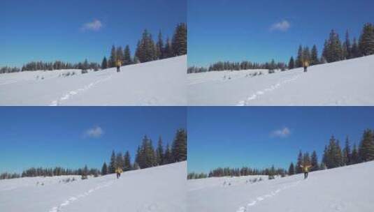 一个背着背包的人冬天在山上奔跑高清在线视频素材下载