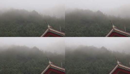 森林雾气弥漫中式建筑屋顶高清在线视频素材下载