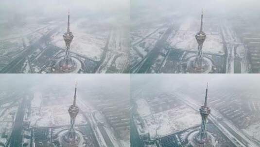 郑州地标中原福塔无人机航拍雪景高清在线视频素材下载