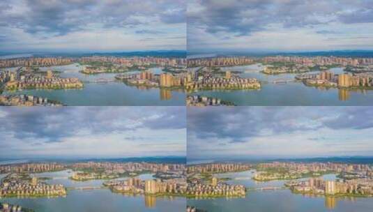 航拍鄂州城区全景蓝天白云延时高清在线视频素材下载