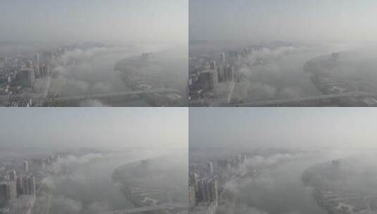 航拍衡阳湘江城市风光平流雾高清在线视频素材下载