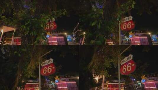 6号公路汽车文化主题步行街夜景路牌灯牌高清在线视频素材下载