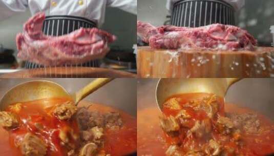 牛肉炖煮展示镜头大块牛肉落案板美食高清在线视频素材下载