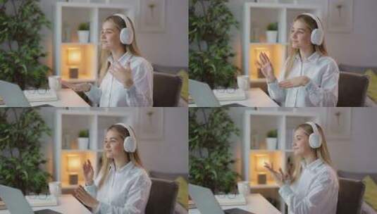 戴耳机的女人挥动双手高清在线视频素材下载