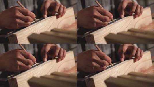 木工榫卯用尺子在木棍上做标记特写唯美画面高清在线视频素材下载