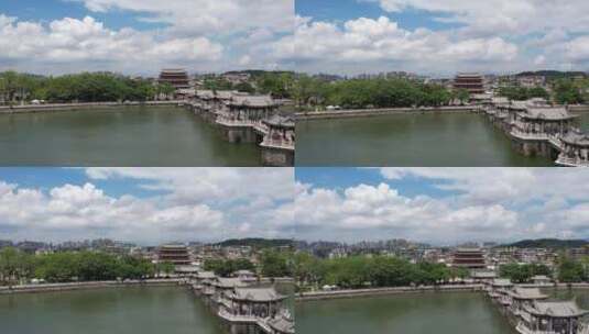 蓝天白云下的潮州广济桥航拍高清在线视频素材下载