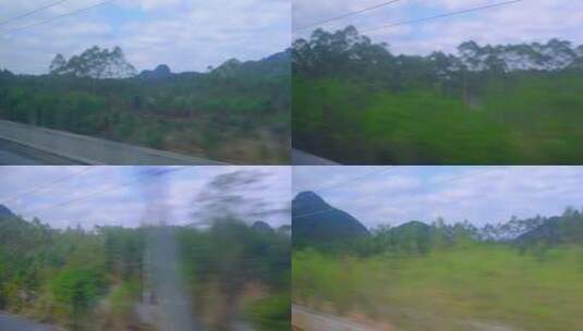 高铁动车窗外对向行驶的列车与青山自然风光高清在线视频素材下载