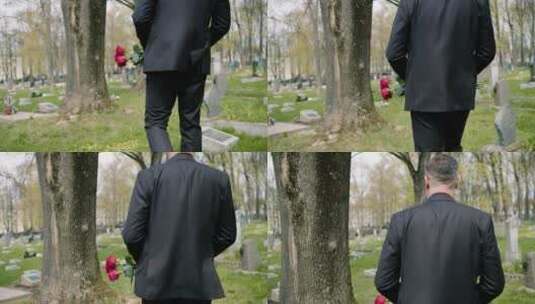 拿着红玫瑰走在墓地的男人背影高清在线视频素材下载