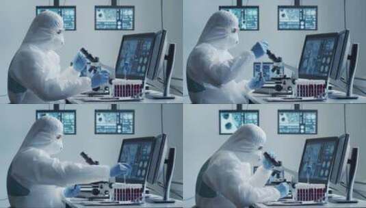 穿着防护服和面具的科学家在实验室工作高清在线视频素材下载