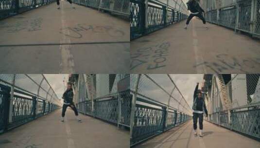 嘻哈舞者在曼哈顿桥上跳舞 高清在线视频素材下载