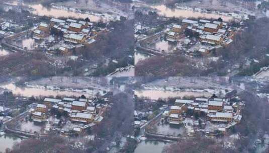 航拍瘦西湖风景区大明寺栖灵塔观音山雪景高清在线视频素材下载