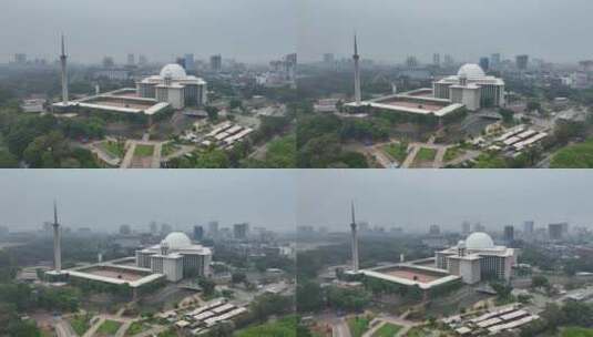 印尼雅加达伊斯蒂克拉尔清真寺城市航拍高清在线视频素材下载