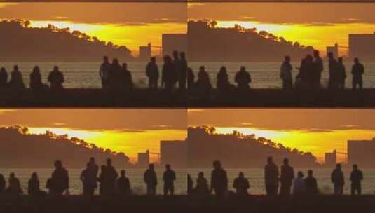 日落一群人站在桥边高清在线视频素材下载