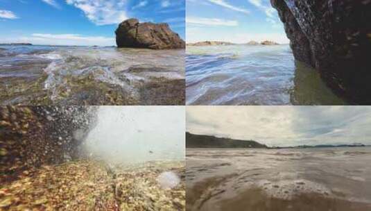 海浪冲击着礁石 沙滩海浪特写原声高清在线视频素材下载