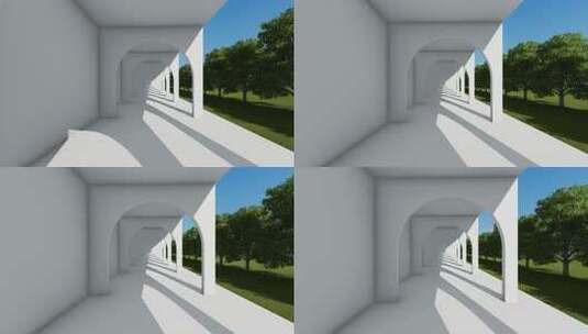 白色城堡走廊和树木中行走视频的3d动画高清在线视频素材下载