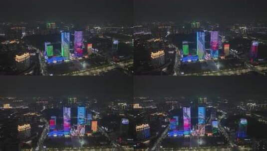 江门五邑华侨广场夜景航拍蓬江万达广场夜景高清在线视频素材下载