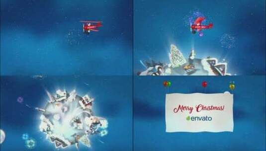 圣诞彩色明亮粒子卡通飞机旋转AE模板高清AE视频素材下载