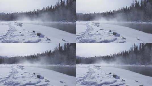 航拍新疆冬季喀纳斯神仙湾晨雾雪山森林雪景高清在线视频素材下载