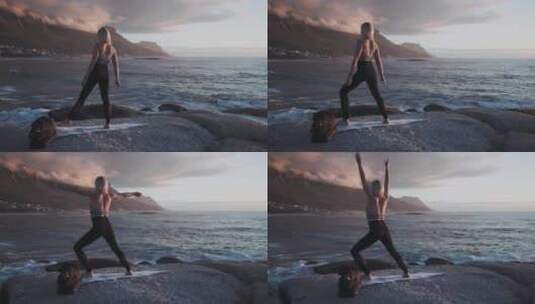 女人在海边做瑜伽高清在线视频素材下载