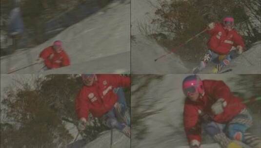 滑雪者通过障碍滑雪道下山高清在线视频素材下载