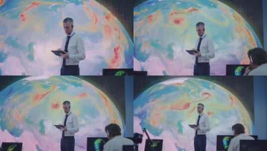 工程师们探讨地球飓风问题高清在线视频素材下载