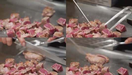 美女厨师用铁板制作牛排高清在线视频素材下载