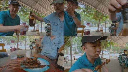 中缅边境烧烤摊吃肉喝酒撸串特写视频高清在线视频素材下载