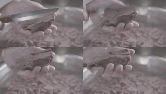羊汤制作厨师在手掌中切割特写LOG高清在线视频素材下载