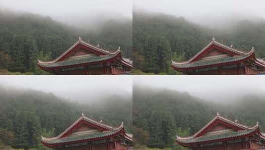 森林雾气弥漫古典中式建筑屋顶高清在线视频素材下载