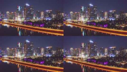 晚上杭州滨江市区现代都市夜景航拍高清在线视频素材下载