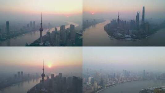 上海外滩陆家嘴日出三件套中心大厦4K航拍高清在线视频素材下载