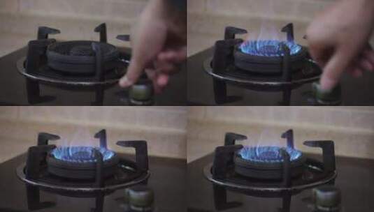 手打开燃气灶从厨房煤气炉燃烧高清在线视频素材下载