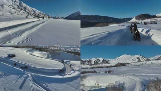 新疆禾木村雪景马队高清在线视频素材下载