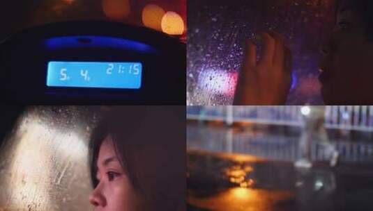 下雨天晚上女孩坐车靠在车窗4k视频素材高清在线视频素材下载