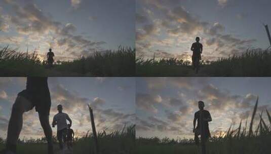 三名健康活跃的亚洲印度尼西亚男子在美丽的户外自然绿草稻田慢跑跑道上慢跑-巴厘岛印度尼西亚高清在线视频素材下载