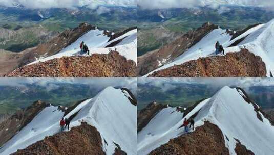 航拍登顶沙鲁里山脉尼登贡嘎雪山的登山者高清在线视频素材下载