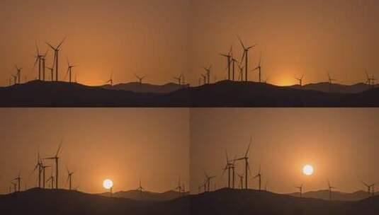 青海戈壁滩风力发电大风车日出延时高清在线视频素材下载