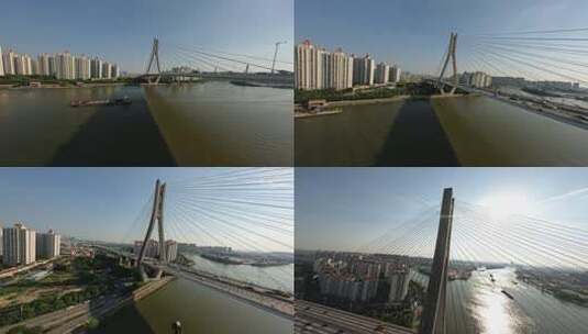 fpv穿越机航拍广州珠江东沙桥无人机大桥高清在线视频素材下载