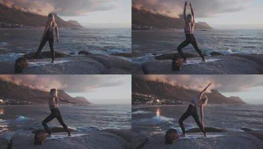 海岸边做瑜伽的女人高清在线视频素材下载