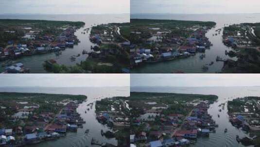 柬埔寨南海岸河口的传统渔村，船只旅行，无人机高清在线视频素材下载