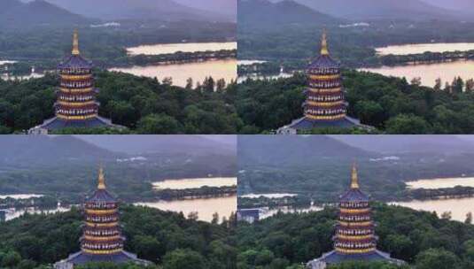 中国杭州西湖雷峰塔日落 西湖十景雷峰夕照高清在线视频素材下载