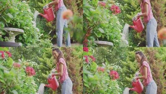 快乐的混血儿女人园艺，用喷壶给植物浇水高清在线视频素材下载