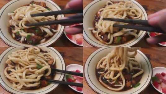 红烧肉卤肉面筷子搅拌慢动作高清在线视频素材下载