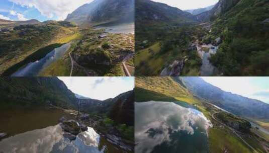 FPV无人机航拍森林高山湖泊河流瀑布峡谷高清在线视频素材下载