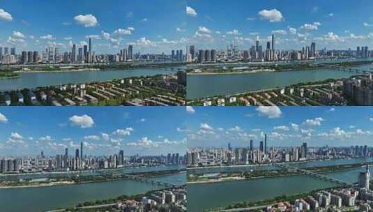 长沙一江两岸城市上空大景蓝天白云高清在线视频素材下载