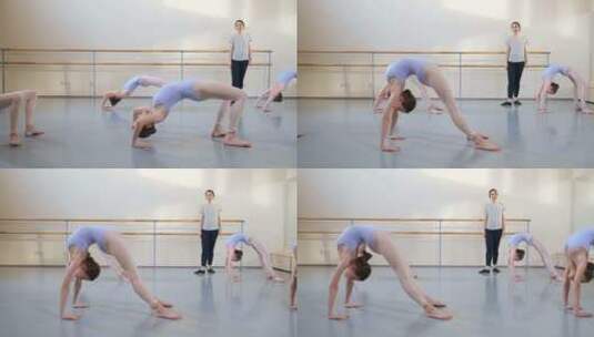 芭蕾舞体操班的女孩做桥式练习舞蹈学校团体高清在线视频素材下载