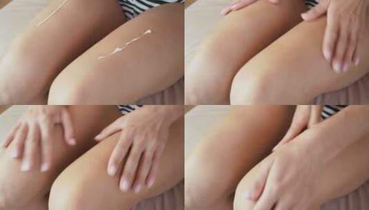 女性护肤在涂抹大腿保养高清在线视频素材下载