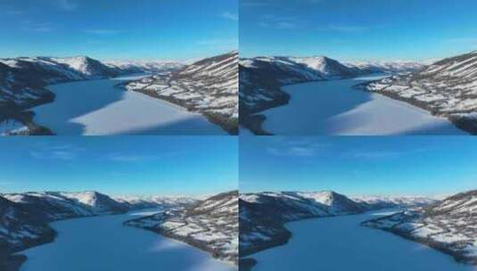 航拍新疆阿勒泰地区喀纳斯湖冬季雪景景观高清在线视频素材下载