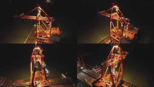 4K航拍鄂州三江港码头夜景港机吊机起重机高清在线视频素材下载
