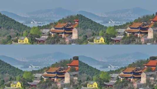 航拍春天云龙湖风景区兴化禅寺,徐州寺庙高清在线视频素材下载
